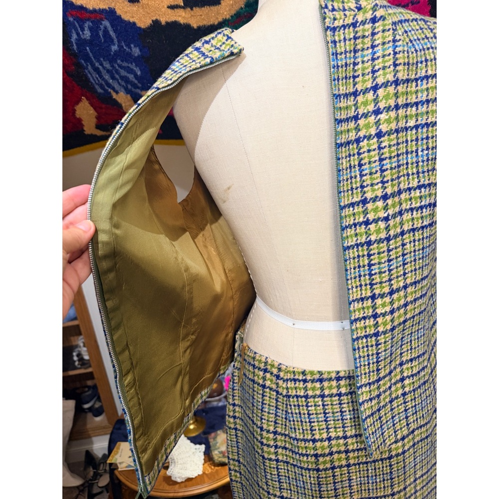 Vintage 60s Pendleton 3pc Wool Skirt Suit Blue Green Houndstooth Plaid Size 16 - Picture 9 of 10